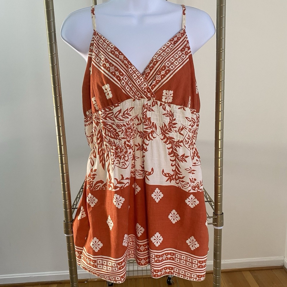 She's Cool Y2K Babydoll Top Burnt Orange Ruching Medium Floral Thin Cotton
